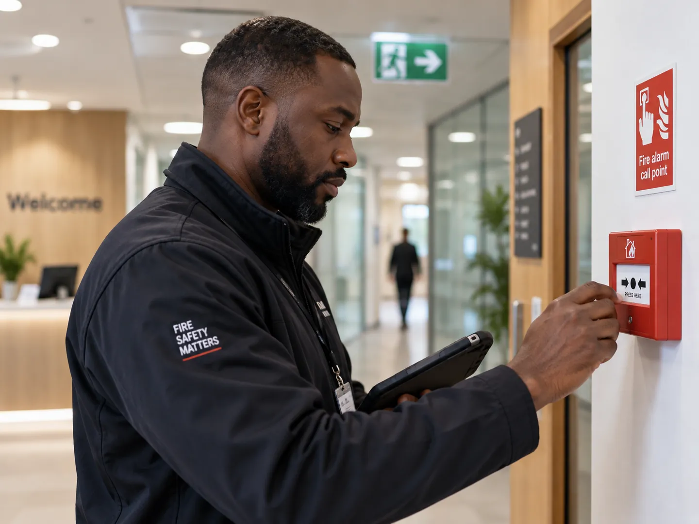 A Stanford Global fire-safety consultant checking an alarm call point in a building reception