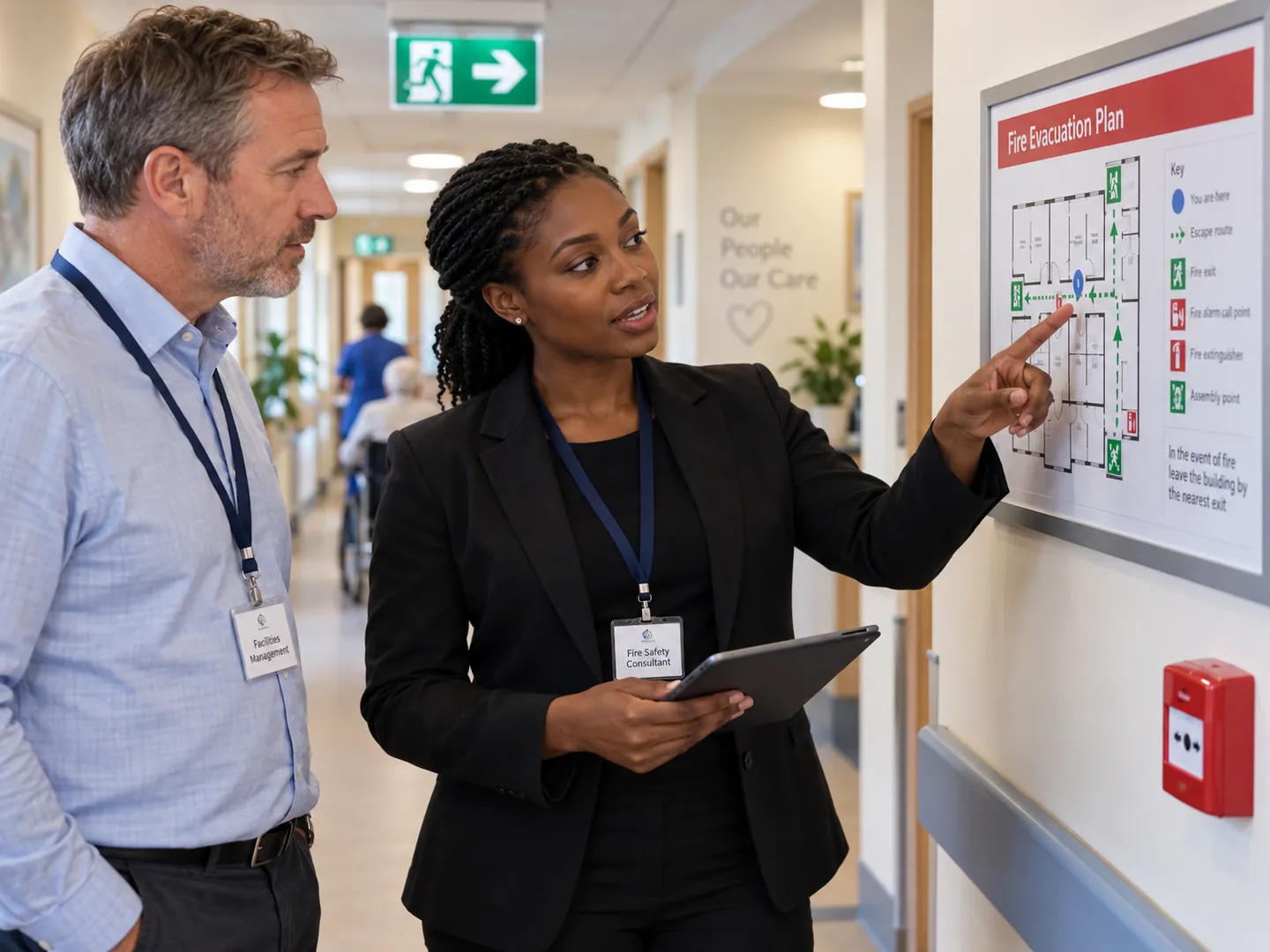 A fire-safety consultant talking a building manager through a wall-mounted fire escape plan