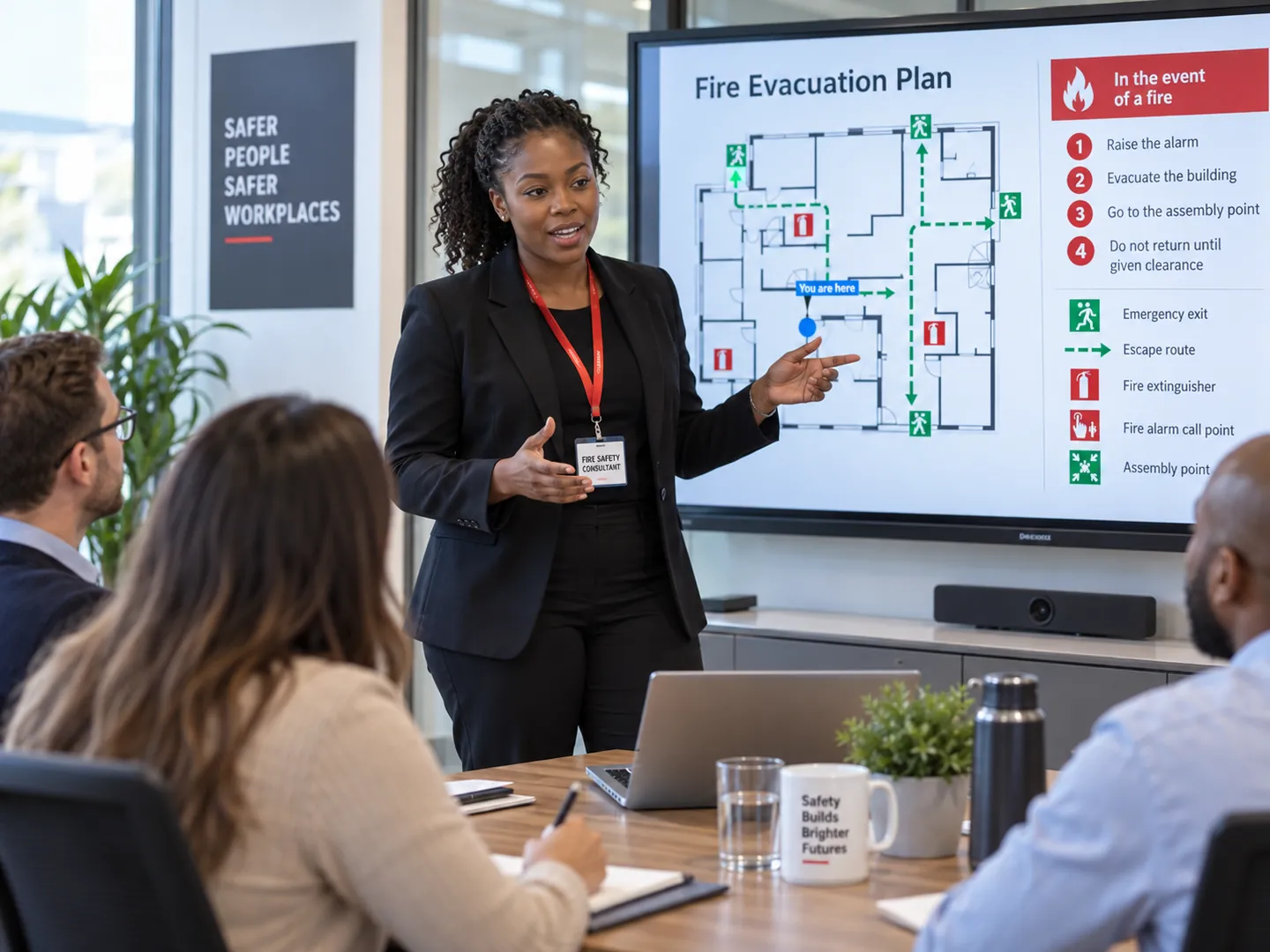A fire-safety trainer presenting a building fire evacuation plan to a seated management team