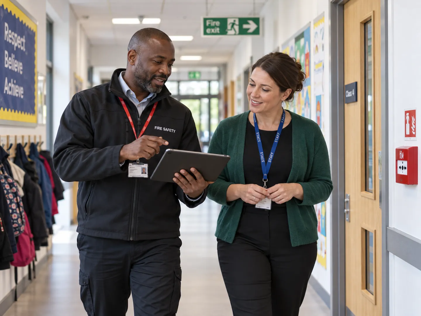 A fire-safety consultant walking a school corridor with a member of staff, past a fire door and exit signage