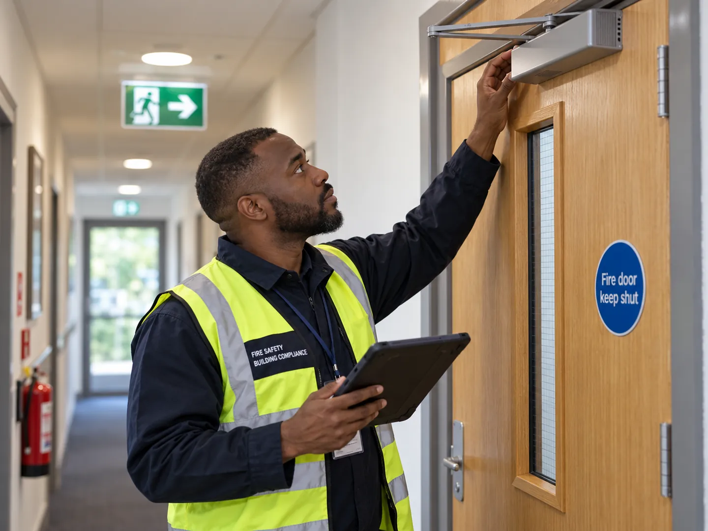 A fire-safety inspector checking the self-closing device on a fire door in an office corridor