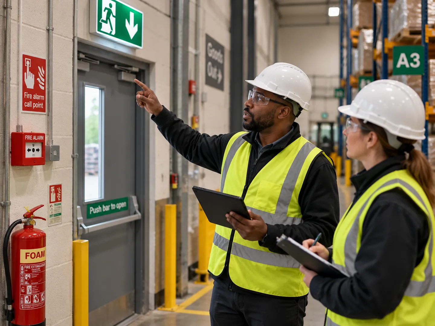 Two designated fire wardens in hi-vis and hard hats checking a final exit route in a warehouse.